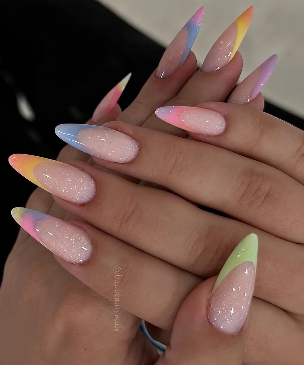 Colorful French nails on glitter base