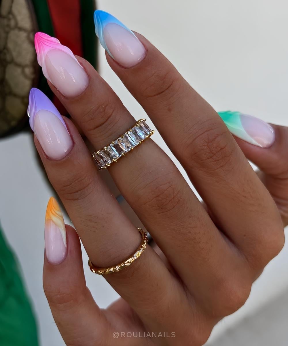 Colorful French nails with 3d gel swirls