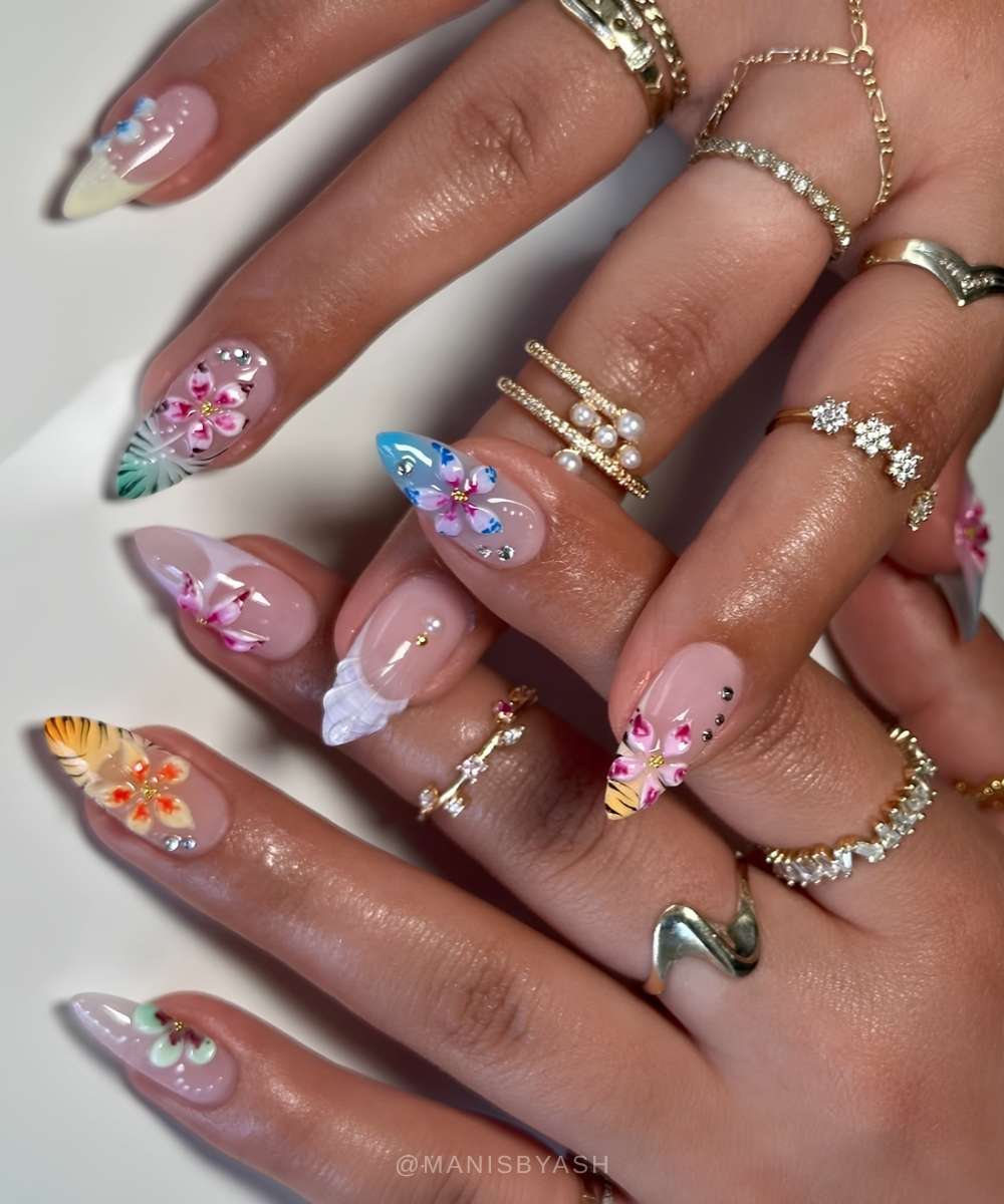 Colorful French nails with florals and animal print