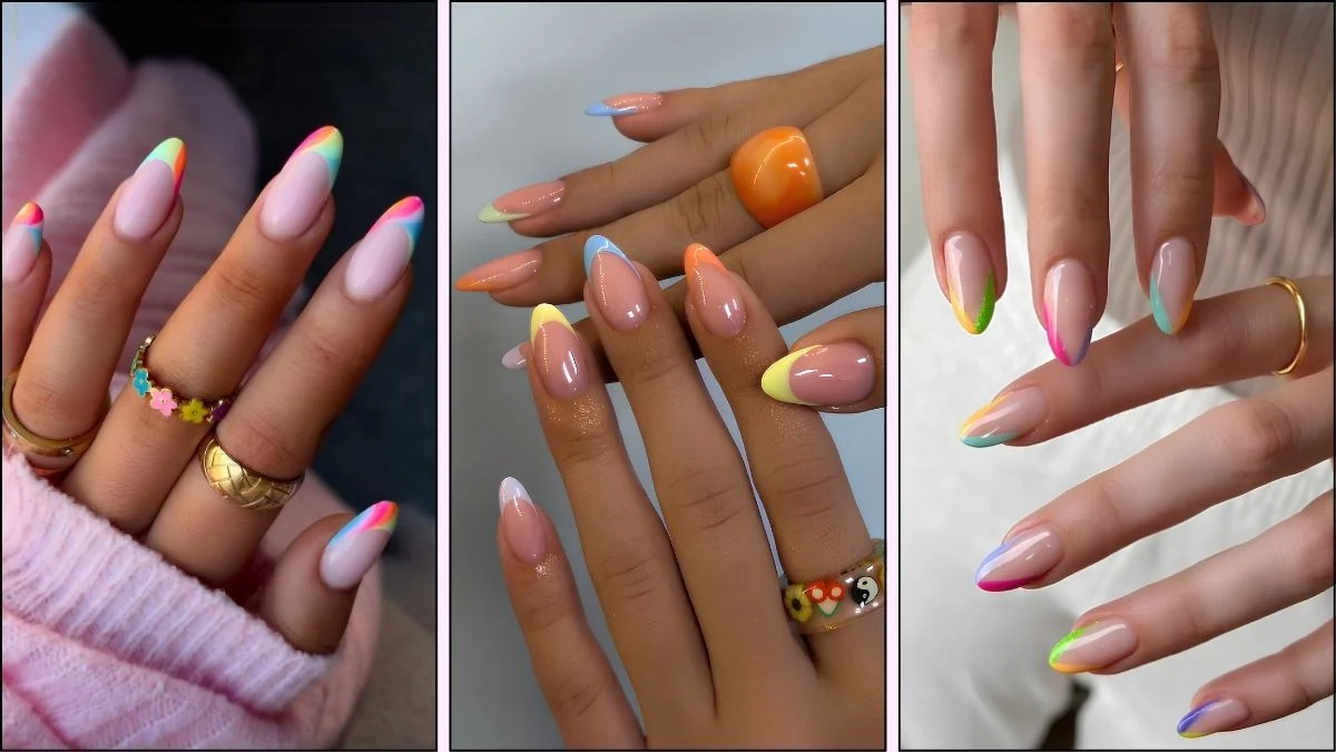 A collage of colorful French tip manicures