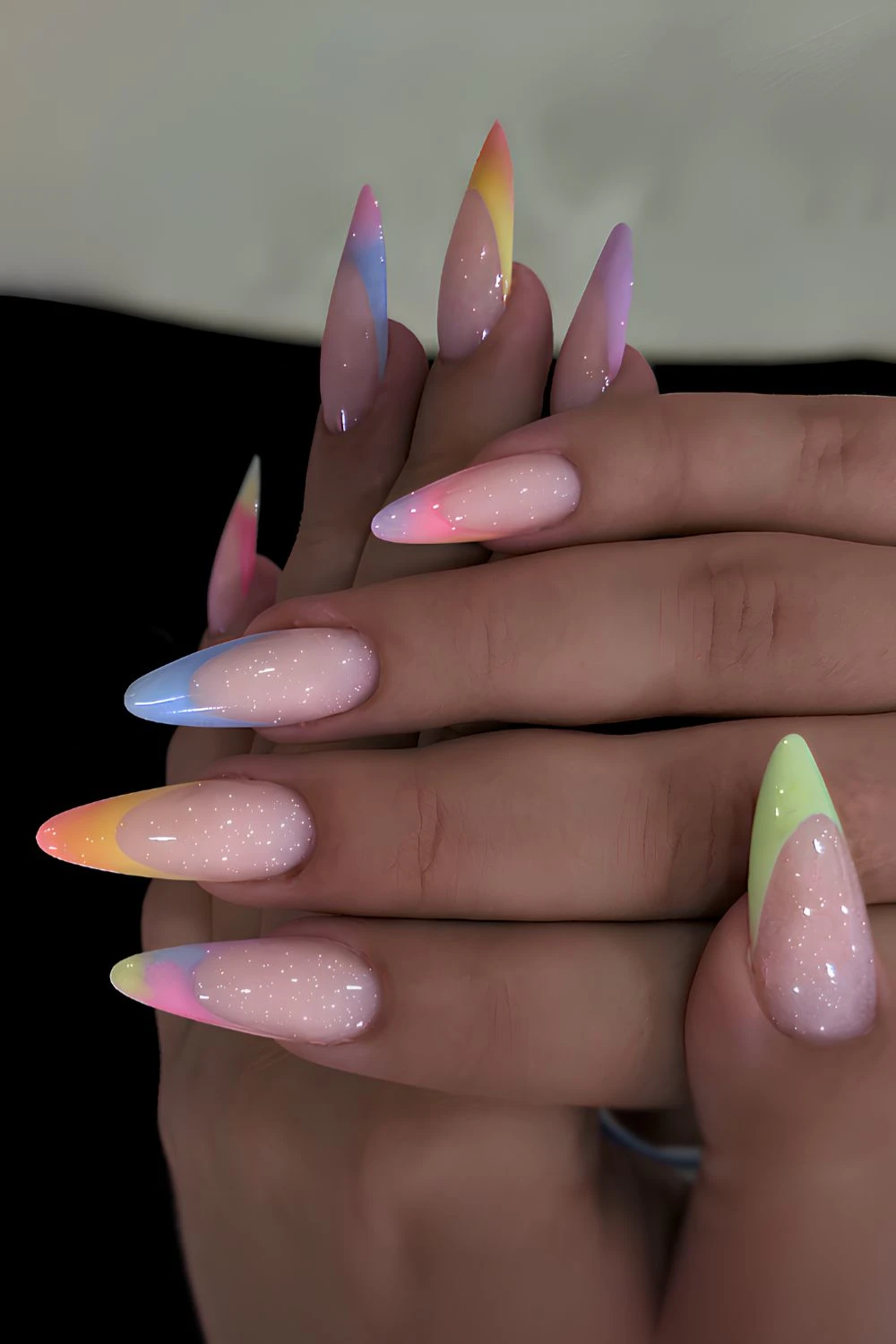 Colorful gradient French mani with a shimmer effect