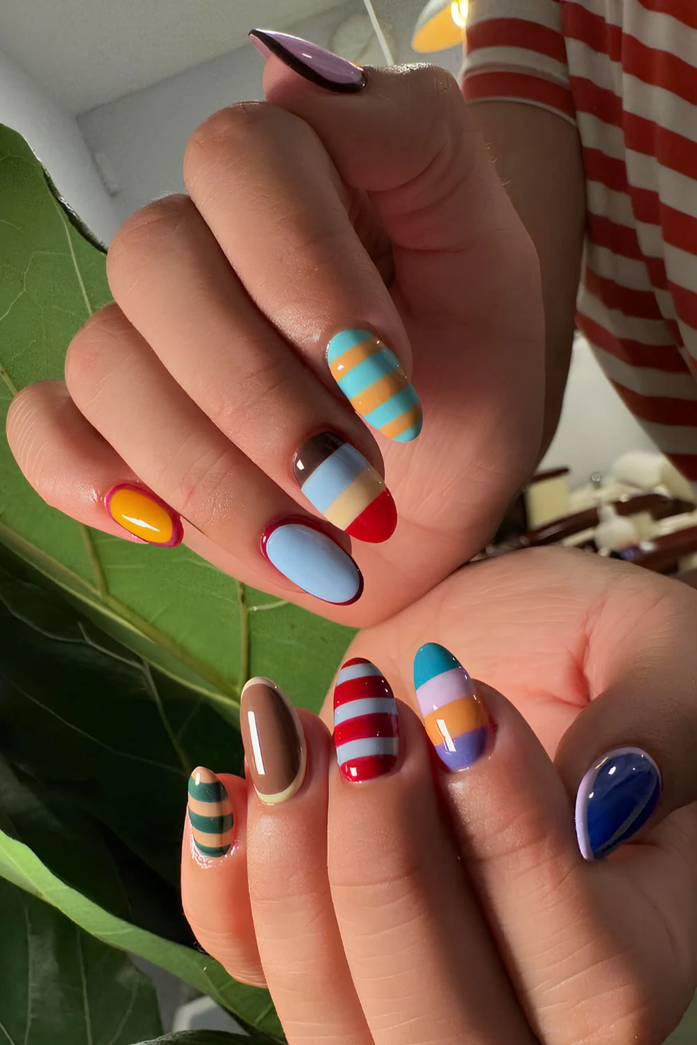 Colorful nails with retro stripe art