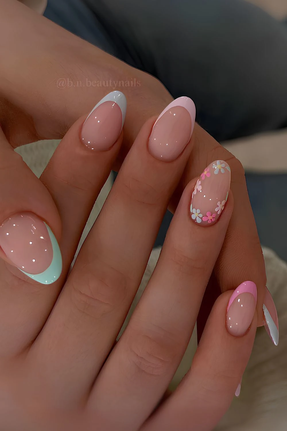 Colorful pastel French mani with floral art