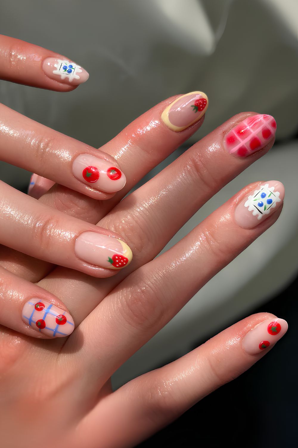 Colorful picnic nails with tomato and gingham art