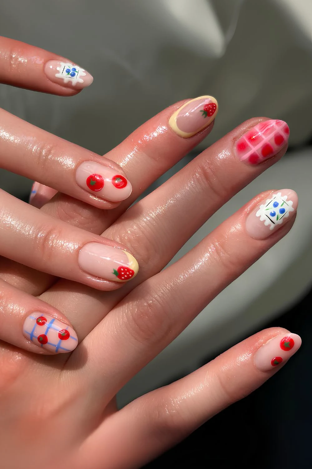 Colorful picnic nails with tomato and gingham art