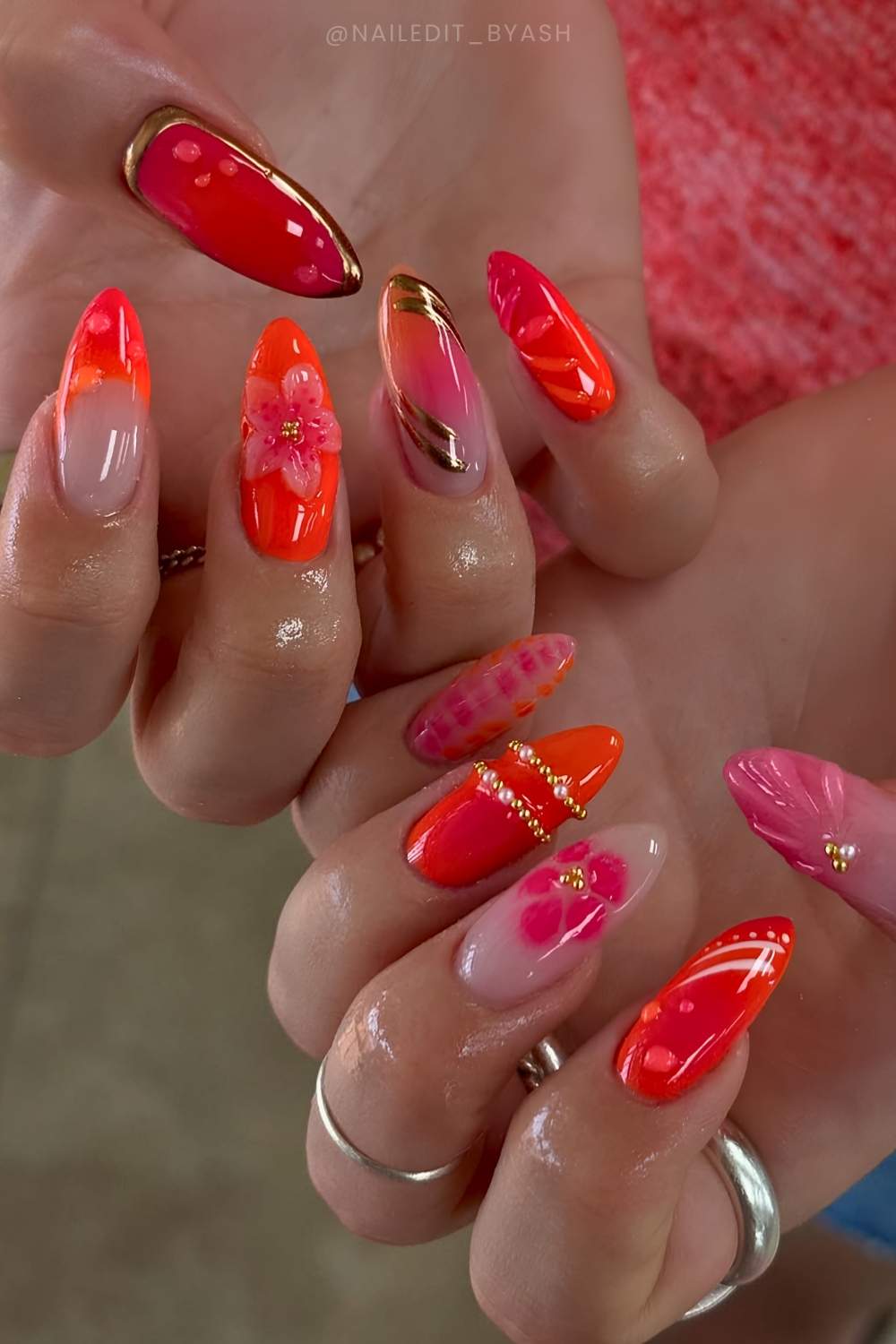 Coral and pink sunset inspired manicure
