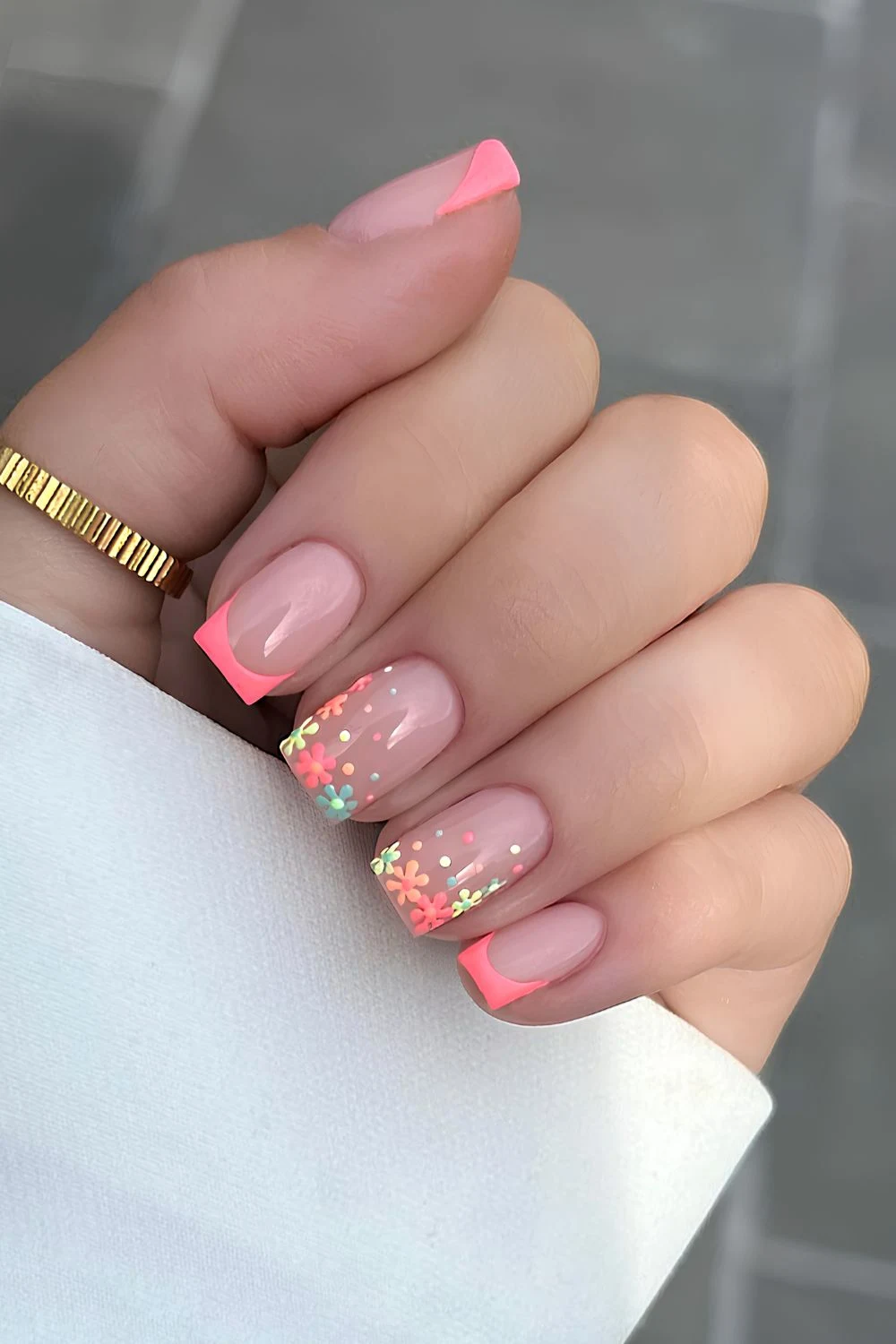 Coral pink French mani with flowers