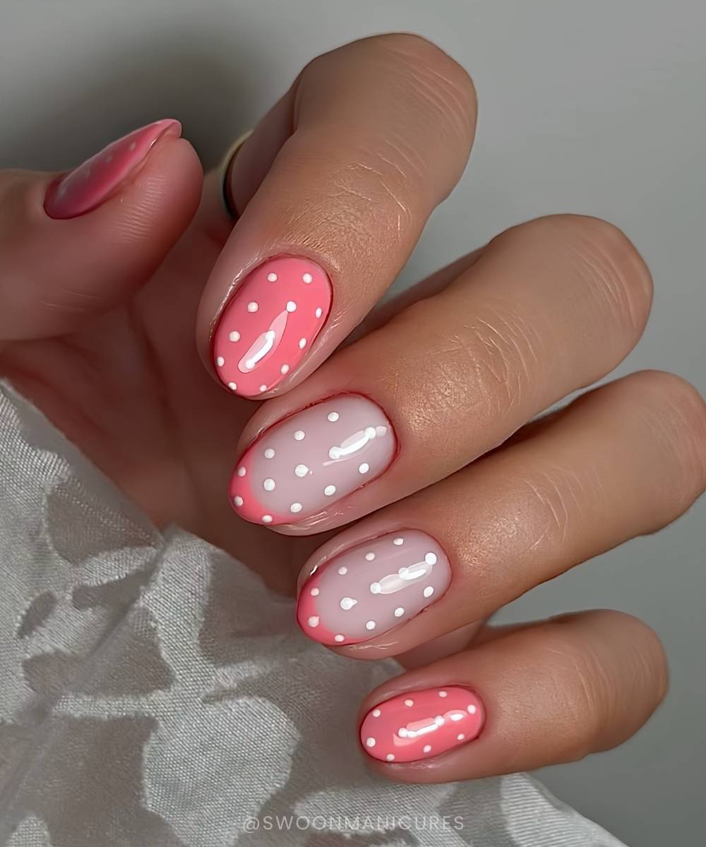 Coral polka dot nails