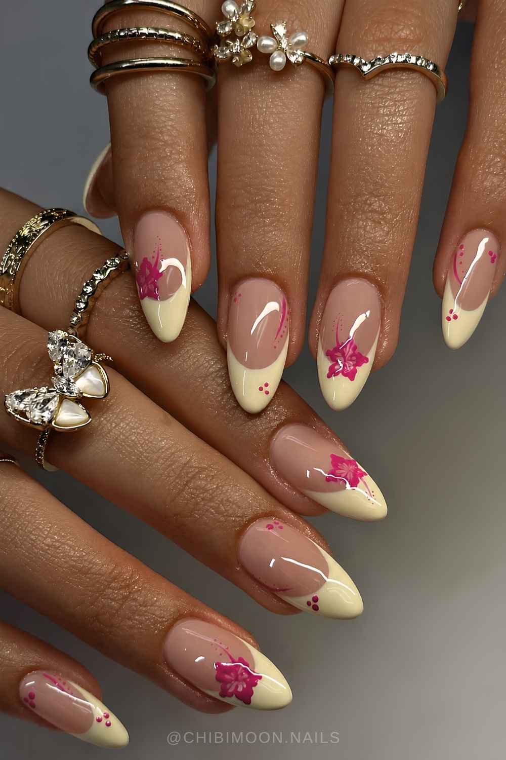 Deep yellow French mani with hibiscus flowers