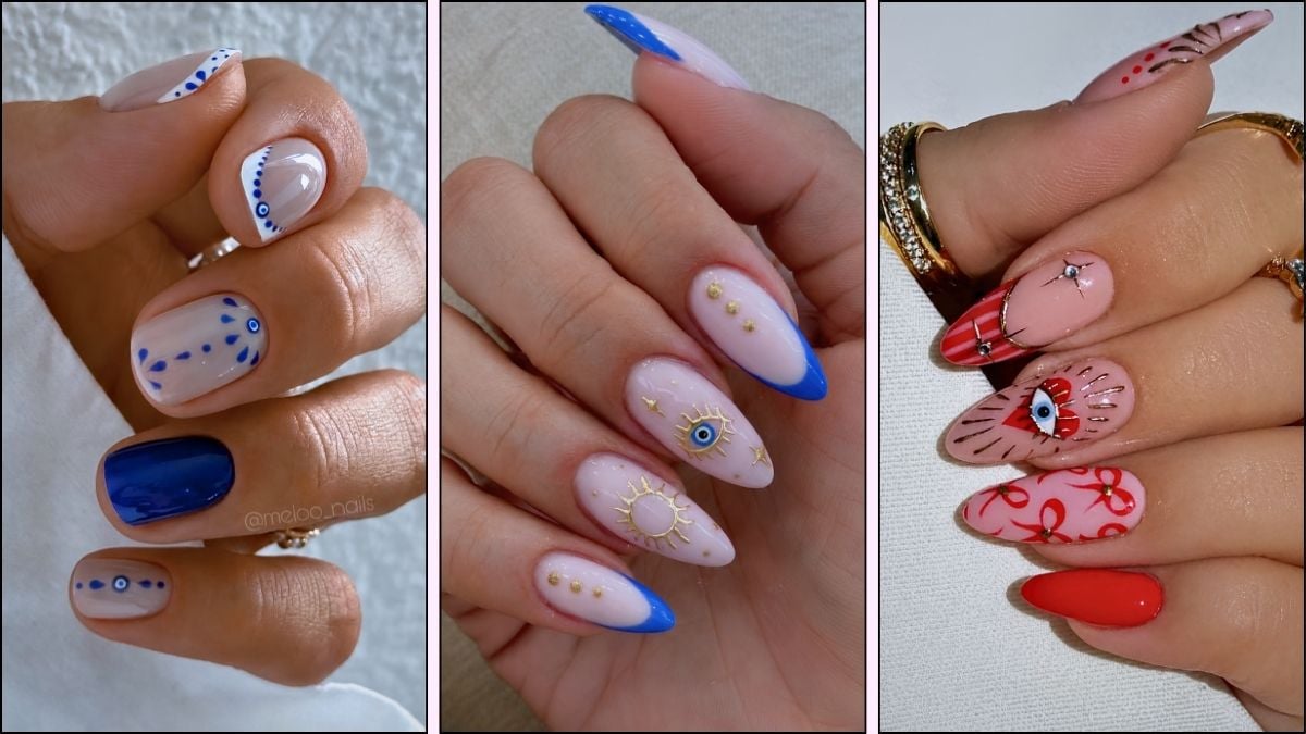 A collage of evil eye nail designs