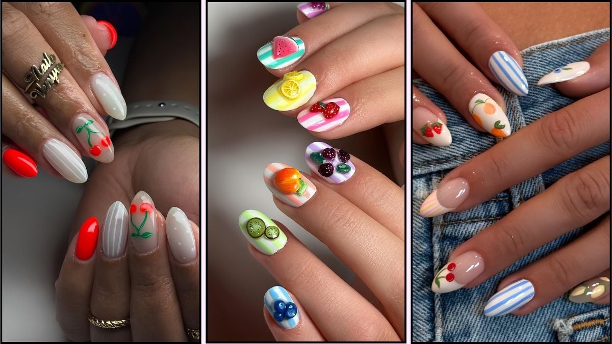 A collage of fruit and stripe nails design