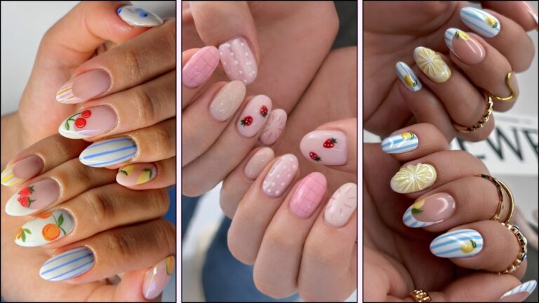 A collage of fruit nail art