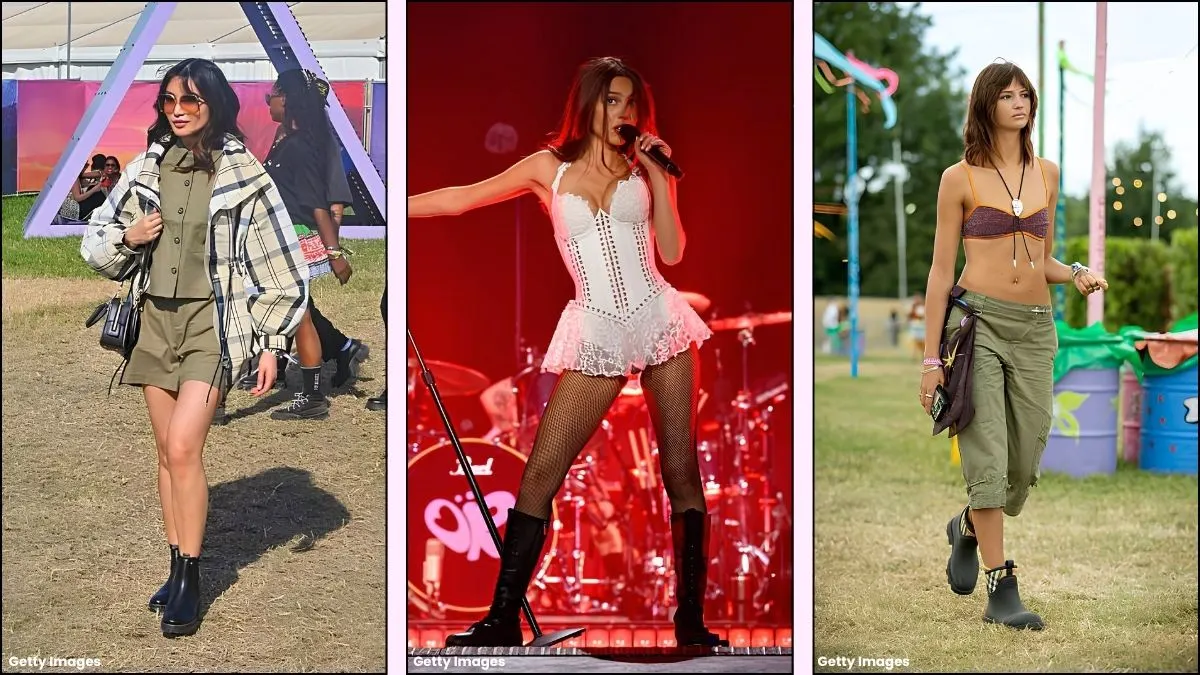 A collage of Glastonbury festival outfits