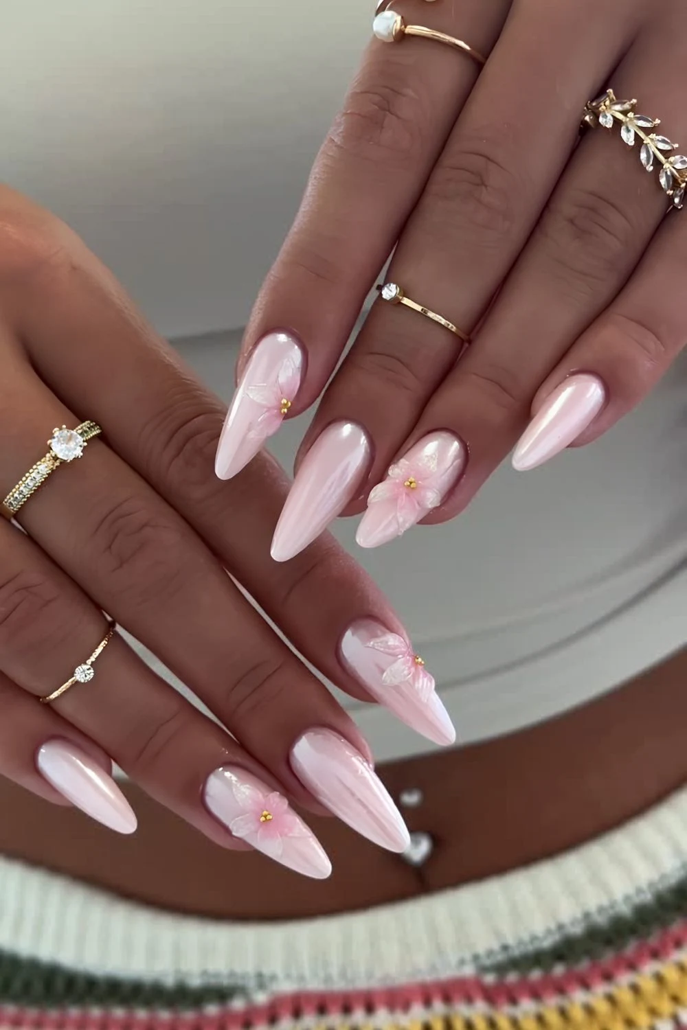 Glazed pale pink nails with 3d florals