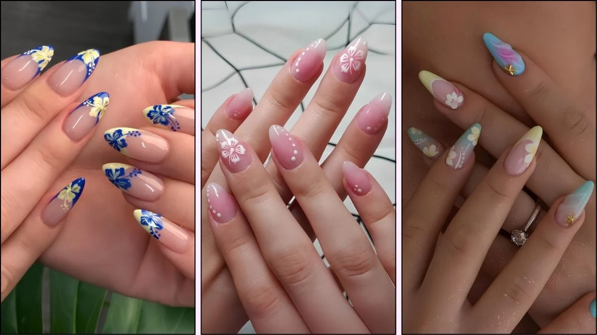 A collage of hibiscus nail designs