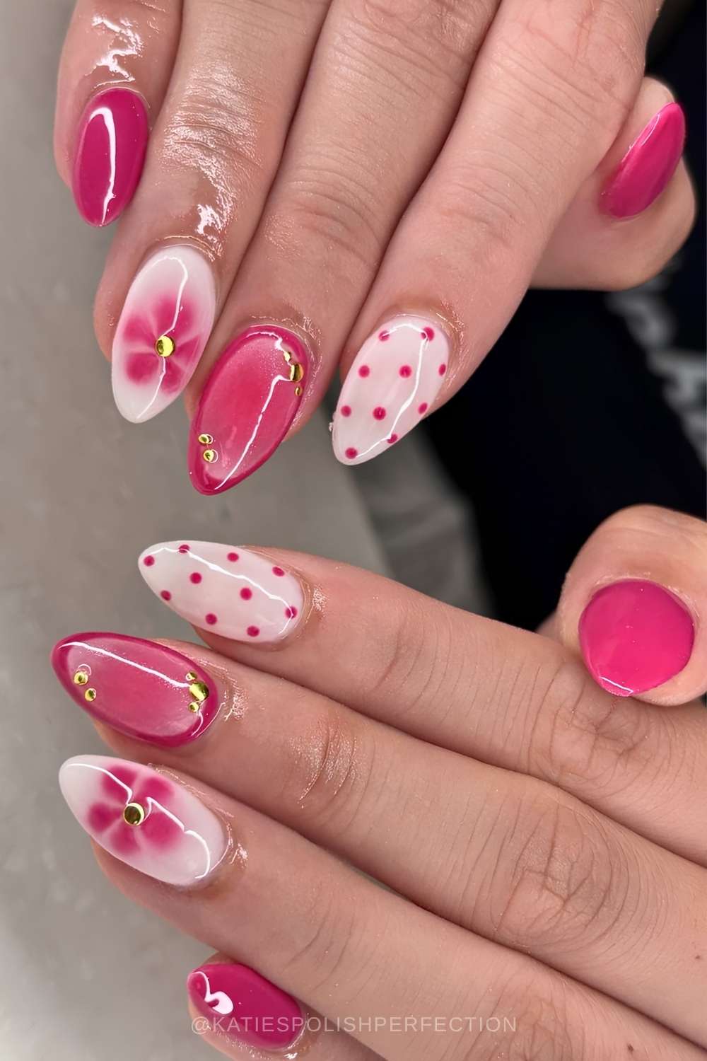 Hot pink and white mani with dots and flowers