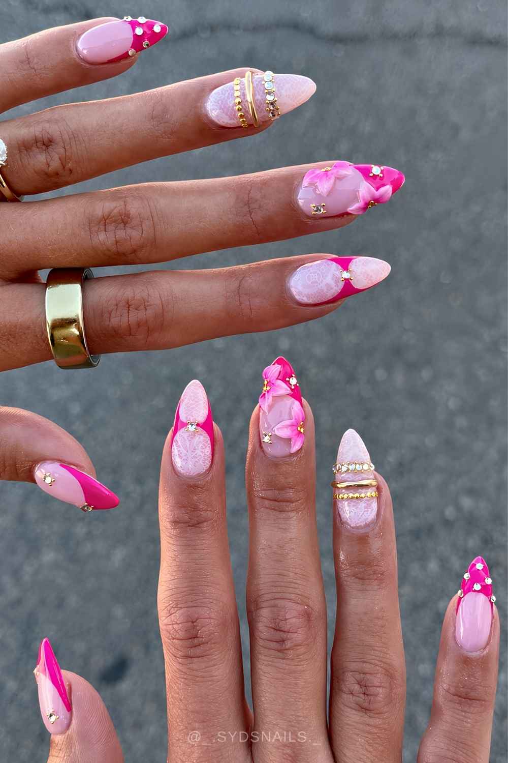 Hot pink nails with lace and bangle art
