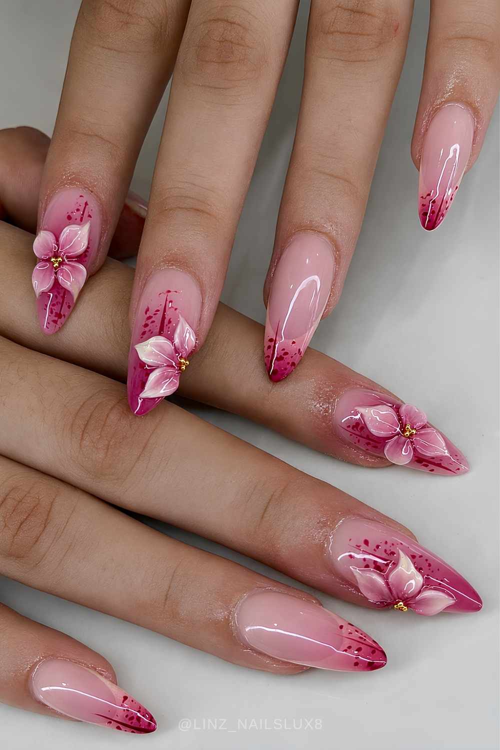Hot pink ombre nails with 3d floral art