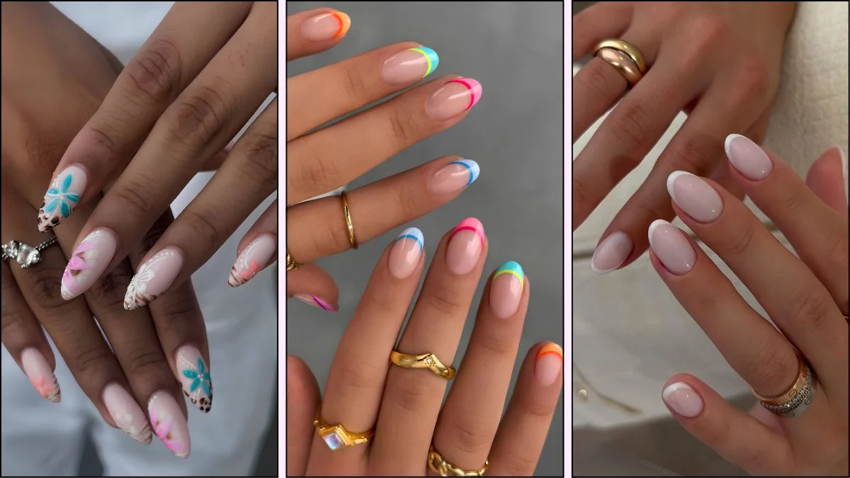 A collage of French tip nail designs for July