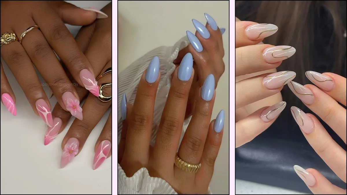 A collage of July almond nail designs