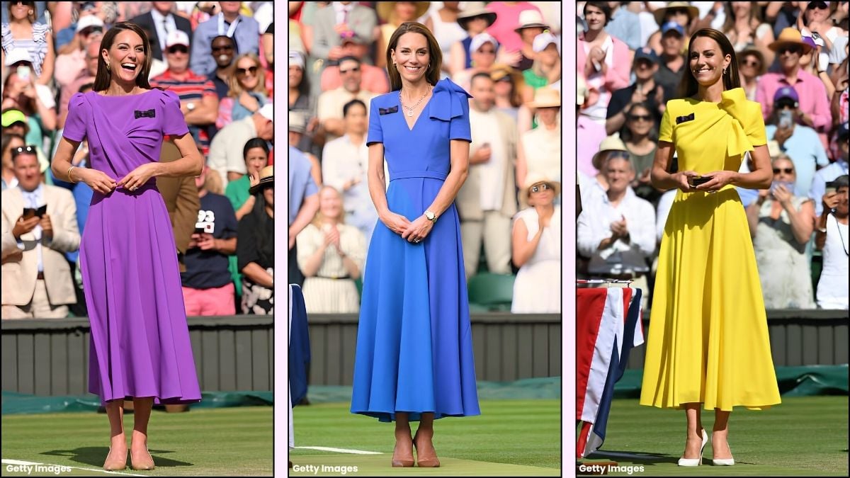 A collage of Kate Middleton's Wimbledon outfits