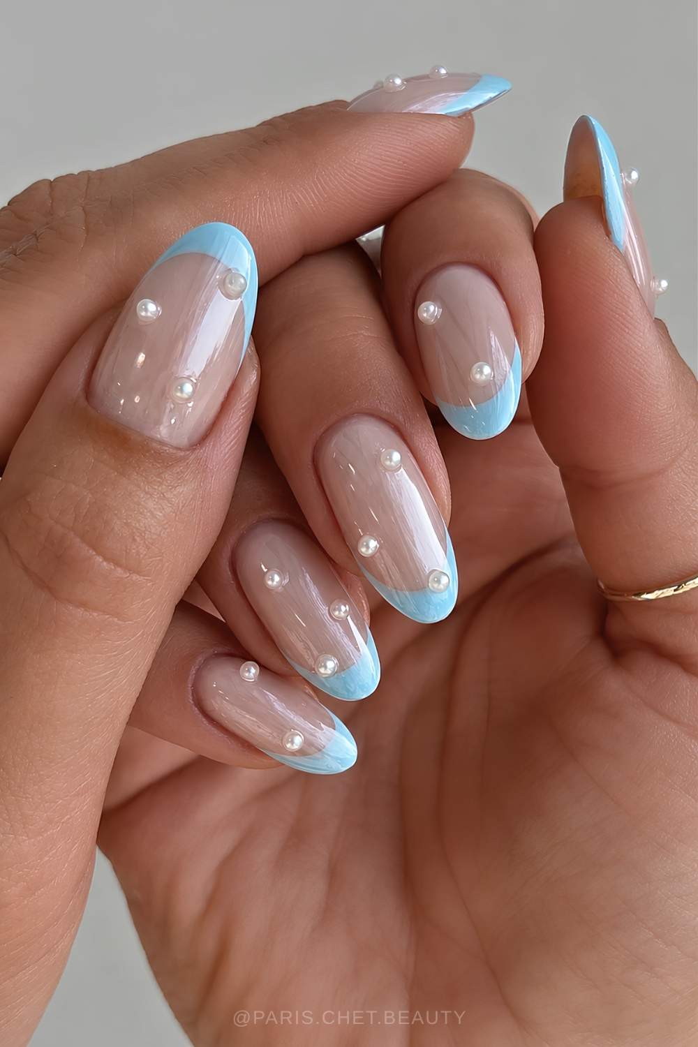 Light blue chrome French mani with pearls