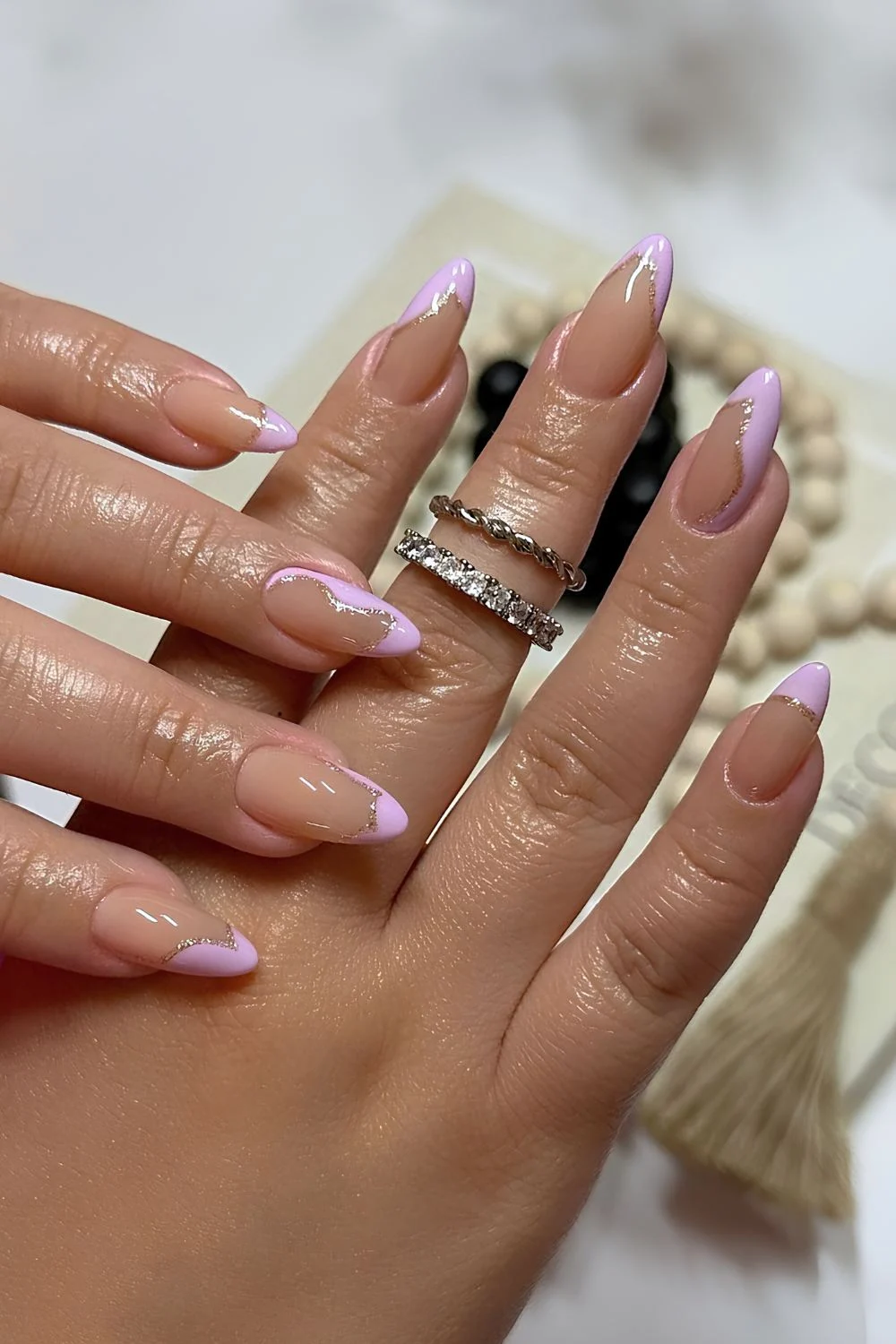 Lilac abstract French tips with glittery gold outline