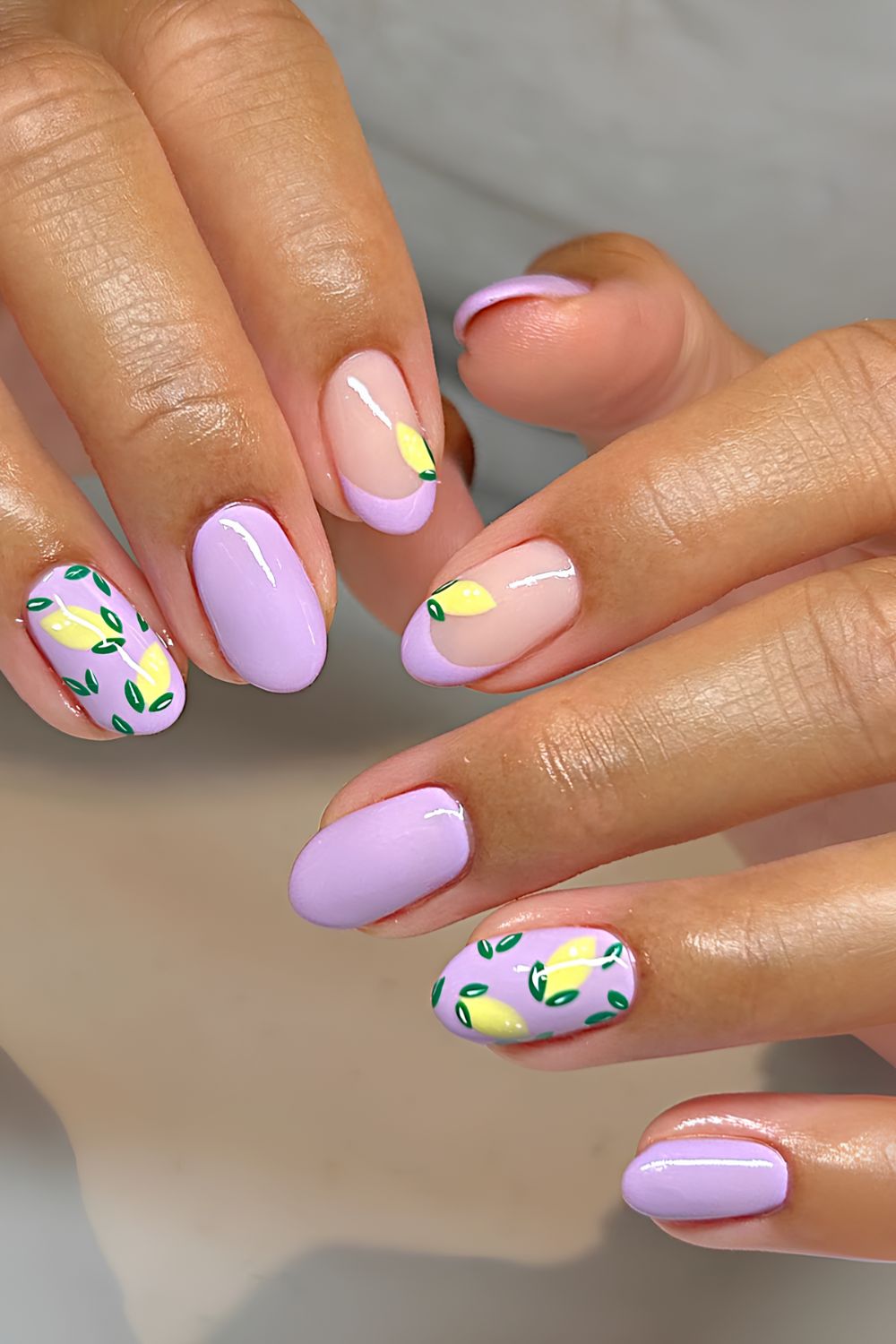 Lilac nails with lemon accents