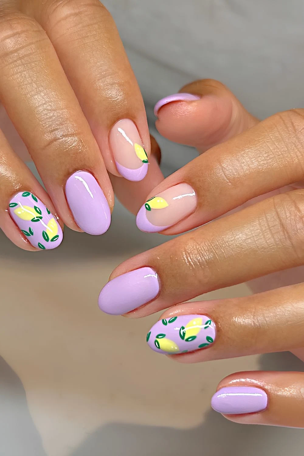 Lilac nails with lemon accents