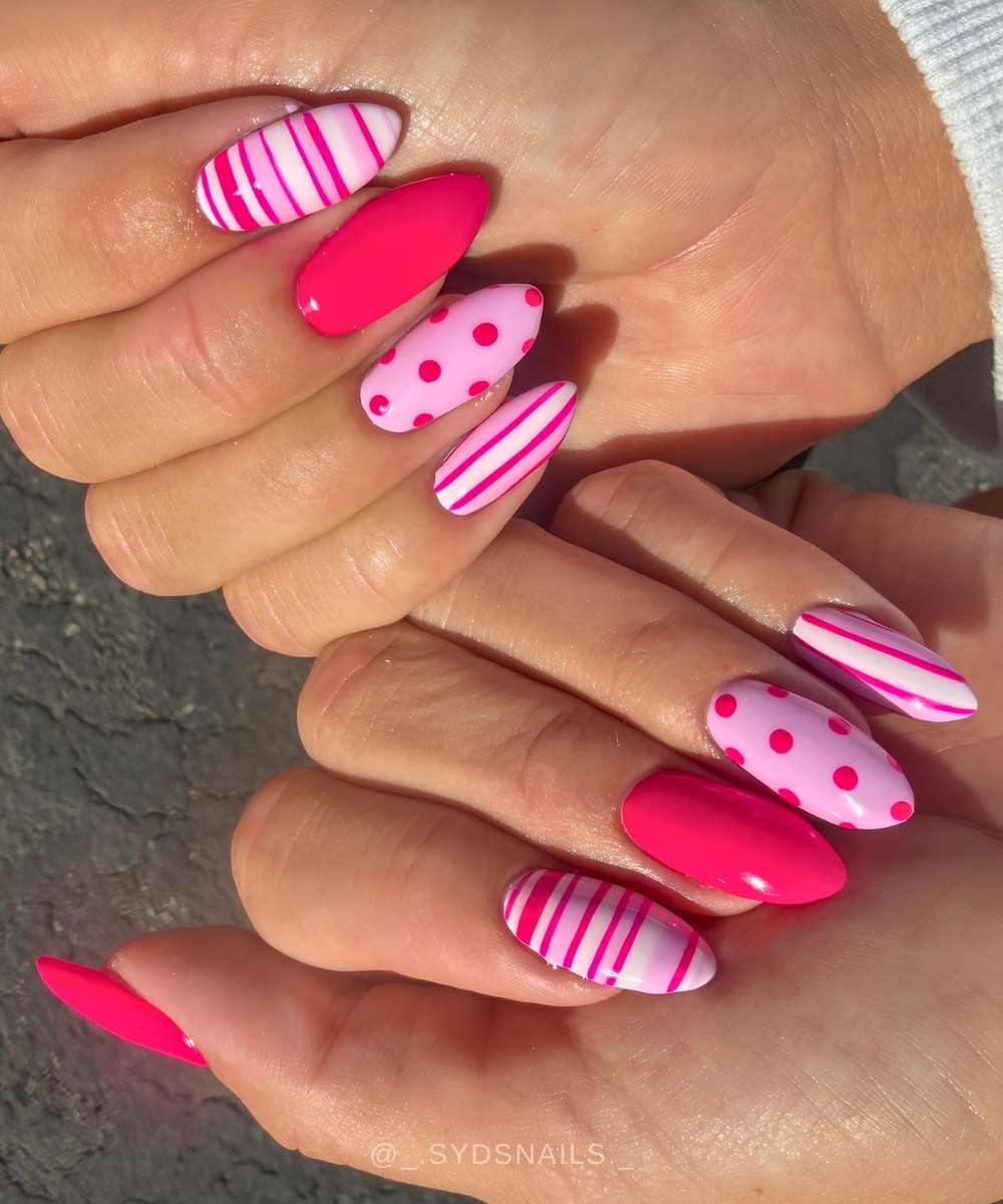 Mixed pattern nails in pink and white shades