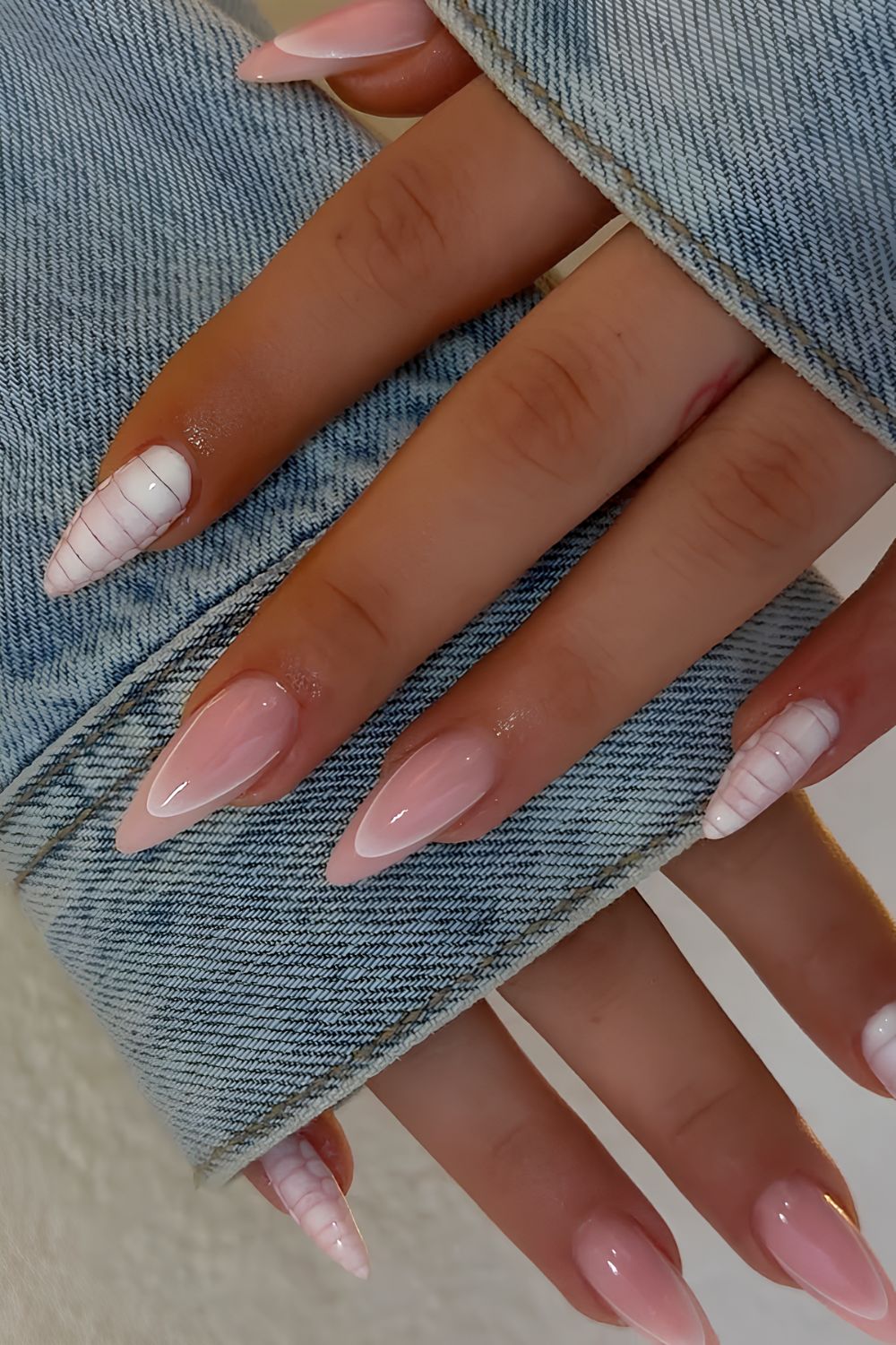 Neutral and white invisible French tips with croc print accents