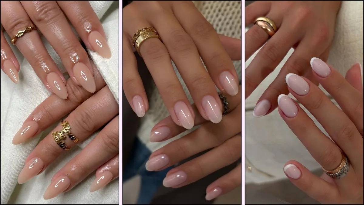 A collage of neutral nail designs