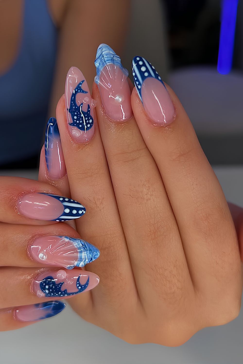 Ocean inspired dark blue French tips