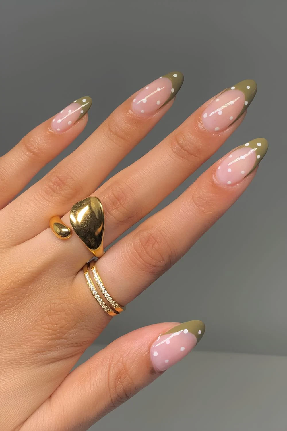 Olive green french tips with white polka dots
