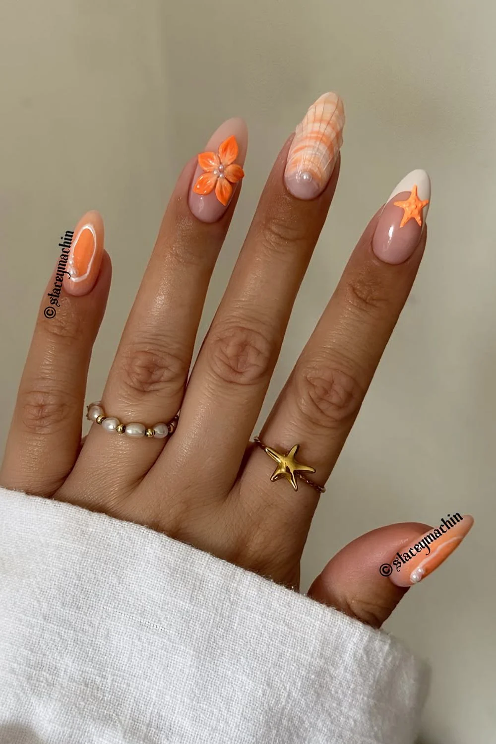 Orange seashell mix and match nails