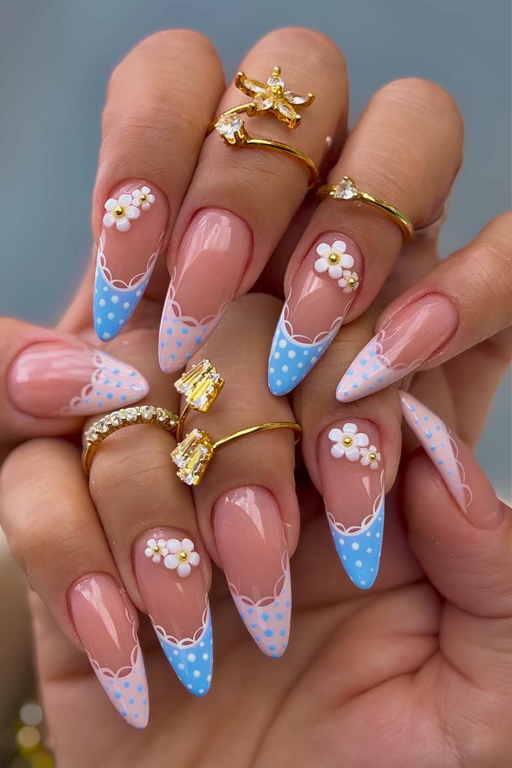 Pink and blue polka dot French nails