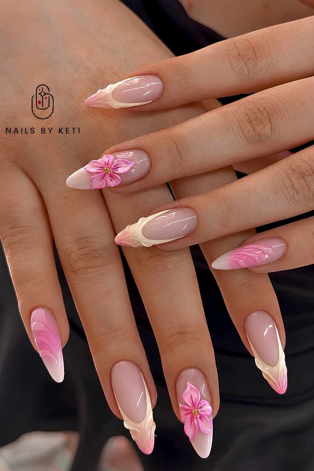 Pink and butter yellow nails with 3d flowers