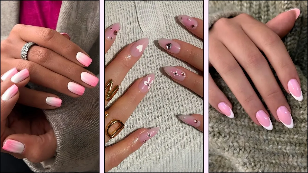 A collage of pink and white nail designs