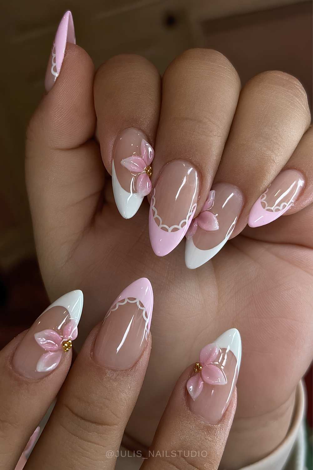 Pink and white nails with lace art and florals