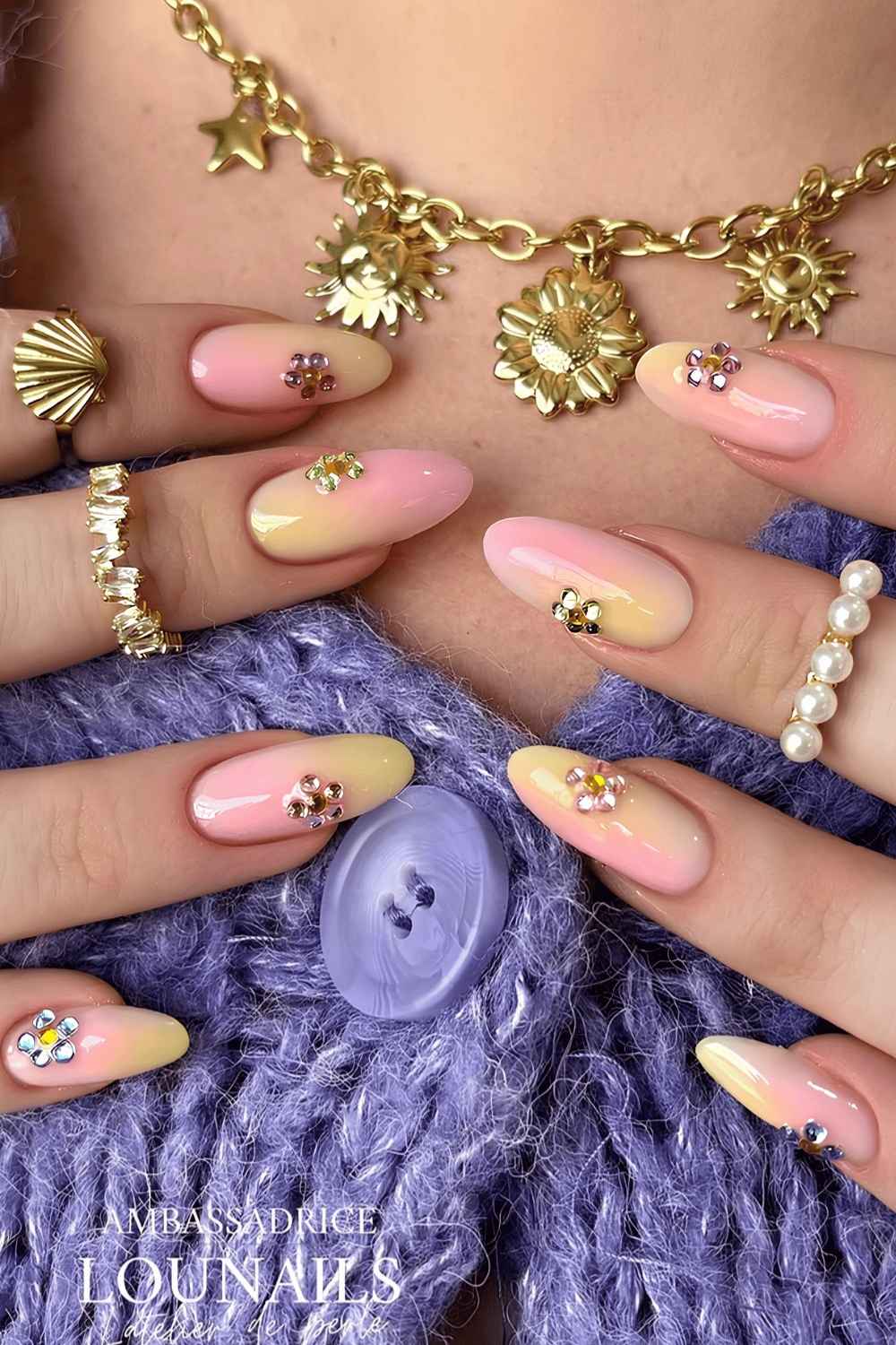 Pink and yellow gradient nails with rhinestones
