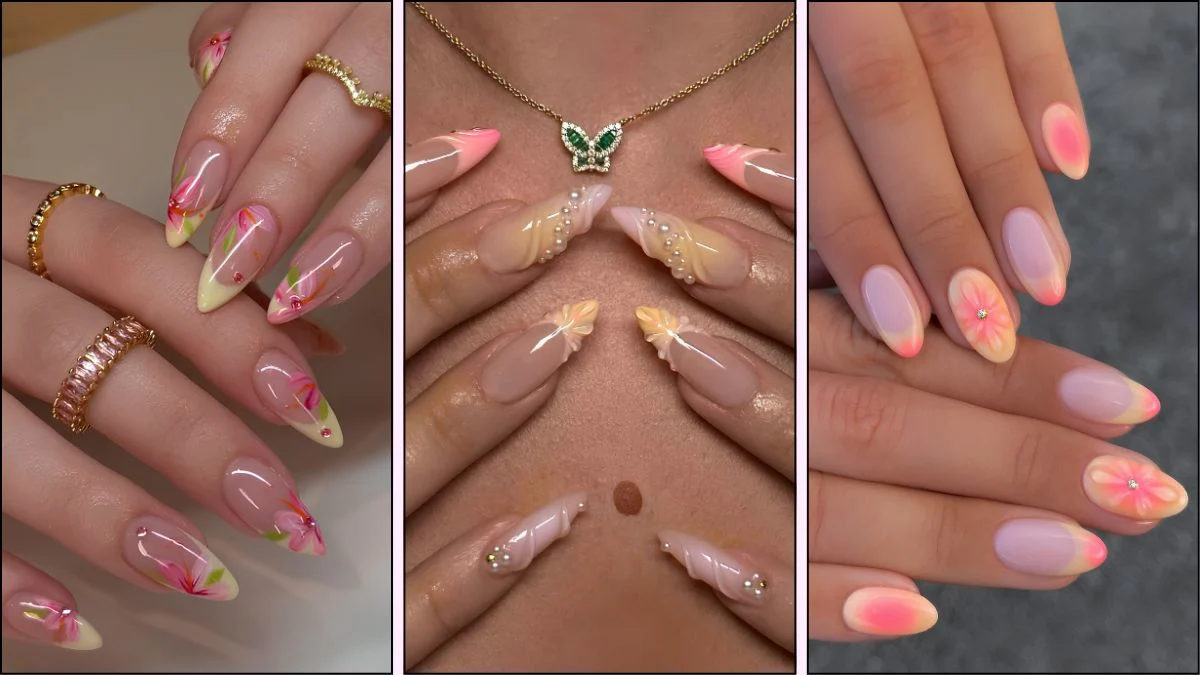 A collage of pink and yellow nail designs
