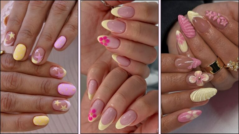 A collage of pink and yellow nail designs