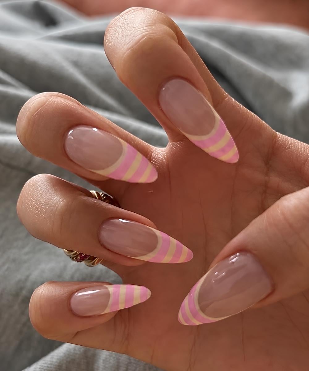 Pink and yellow striped French nails
