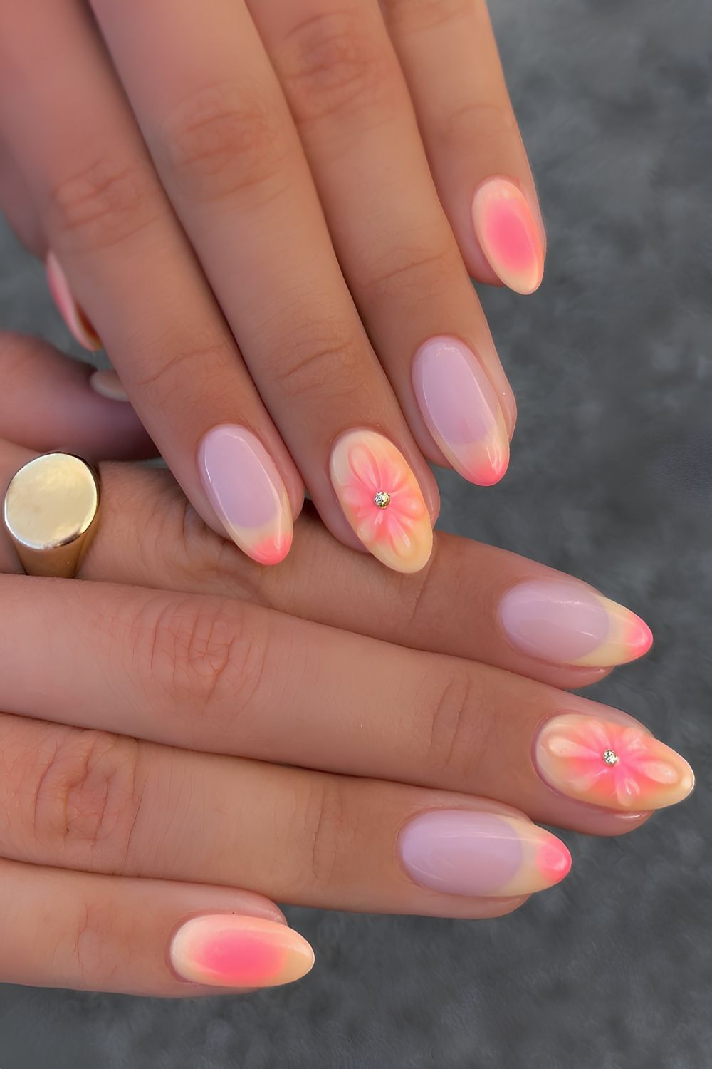 Pink and yellow sunset inspired nail design