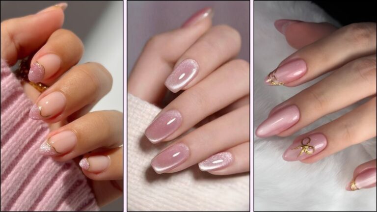 A collage of pink cat-eye nail designs