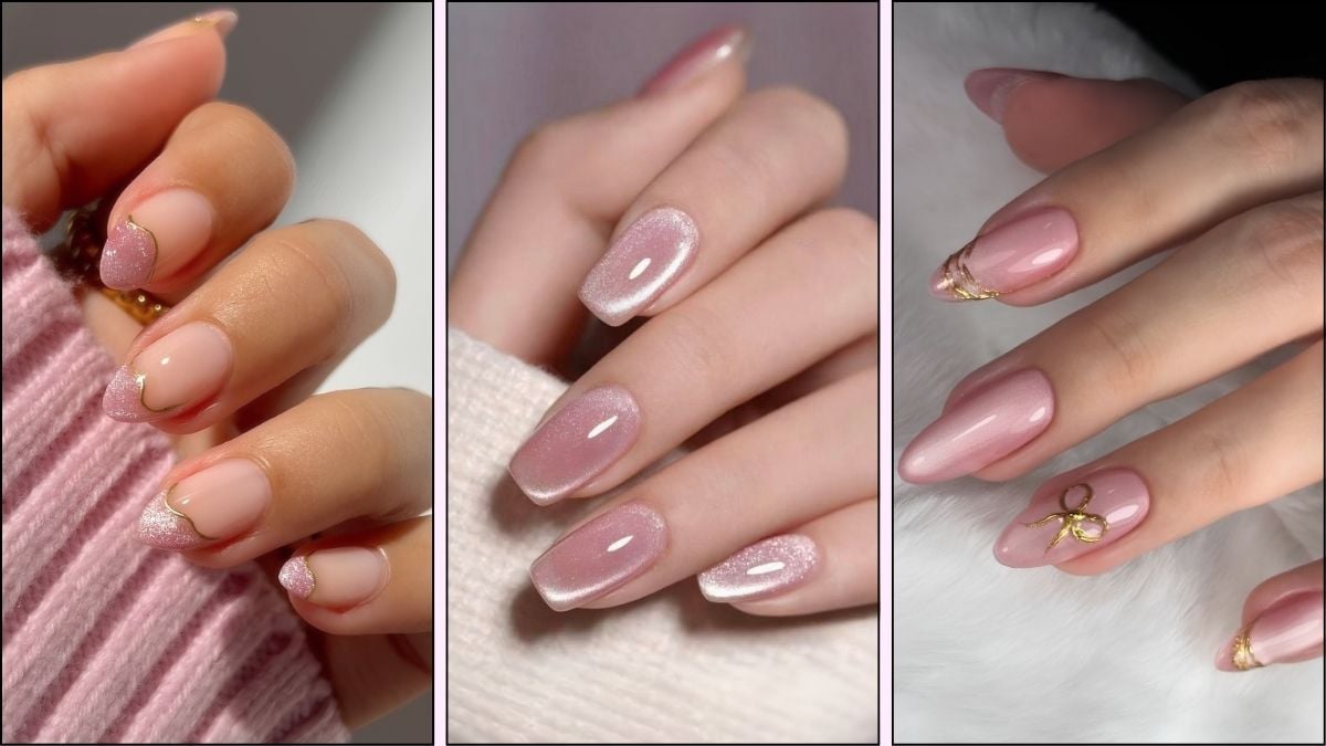 A collage of pink cat-eye nail designs
