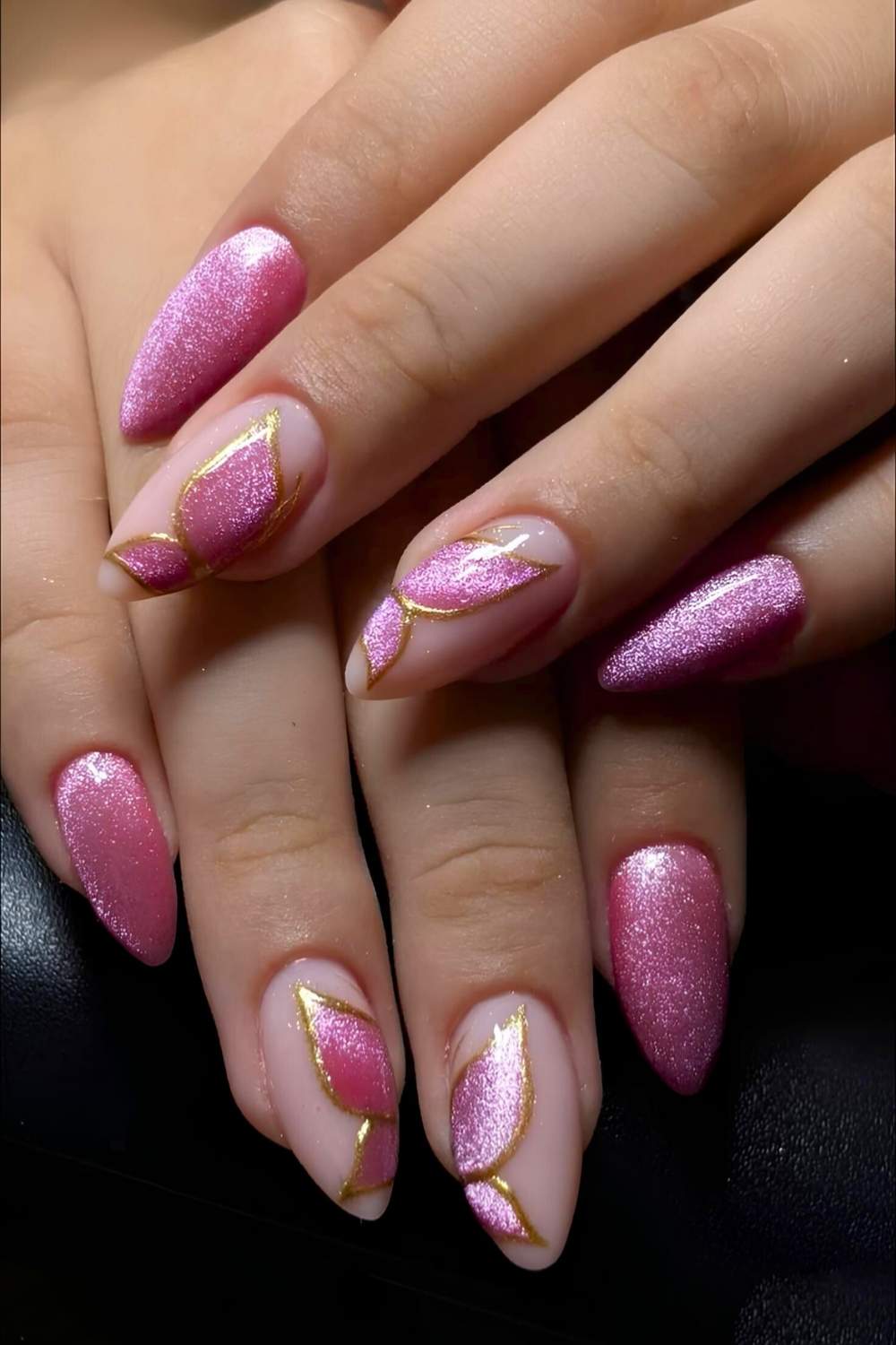 Pink cat eye nails with butterflies