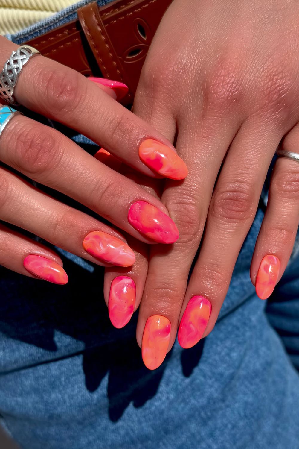 Pink nad orange marble mani