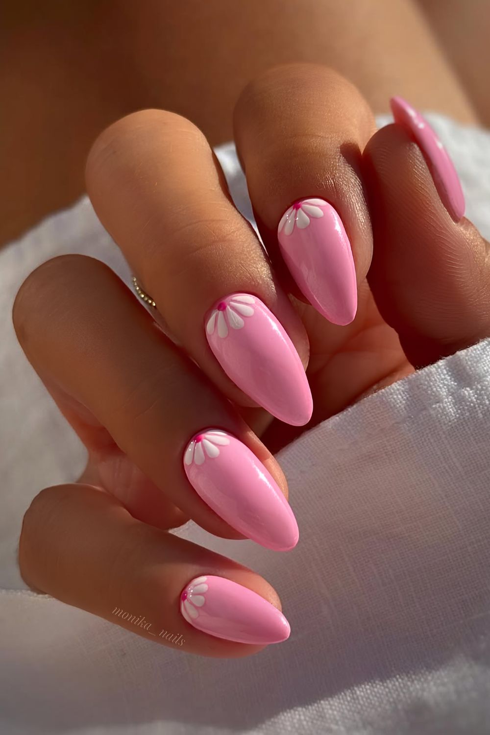 Pink nails with white petals on cuticles