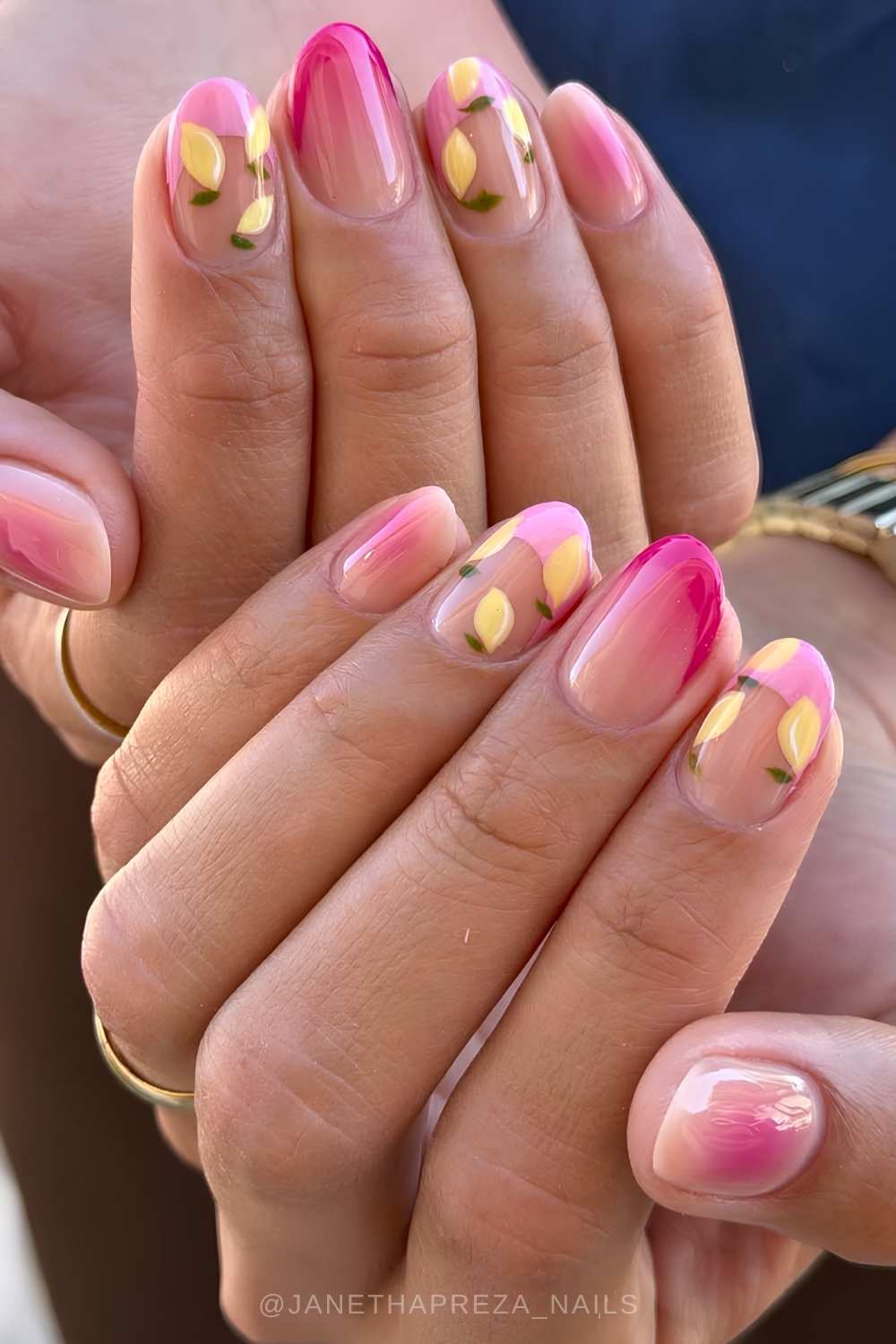 Pink ombre nails with yellow lemon art